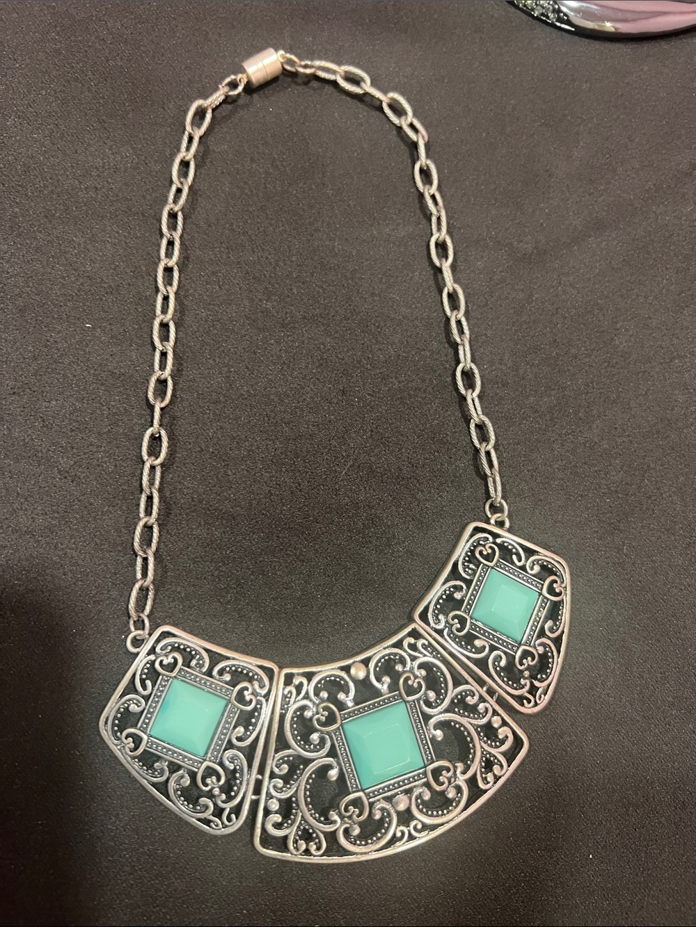 Silver-Tone Statement Necklace with Turquoise Squares